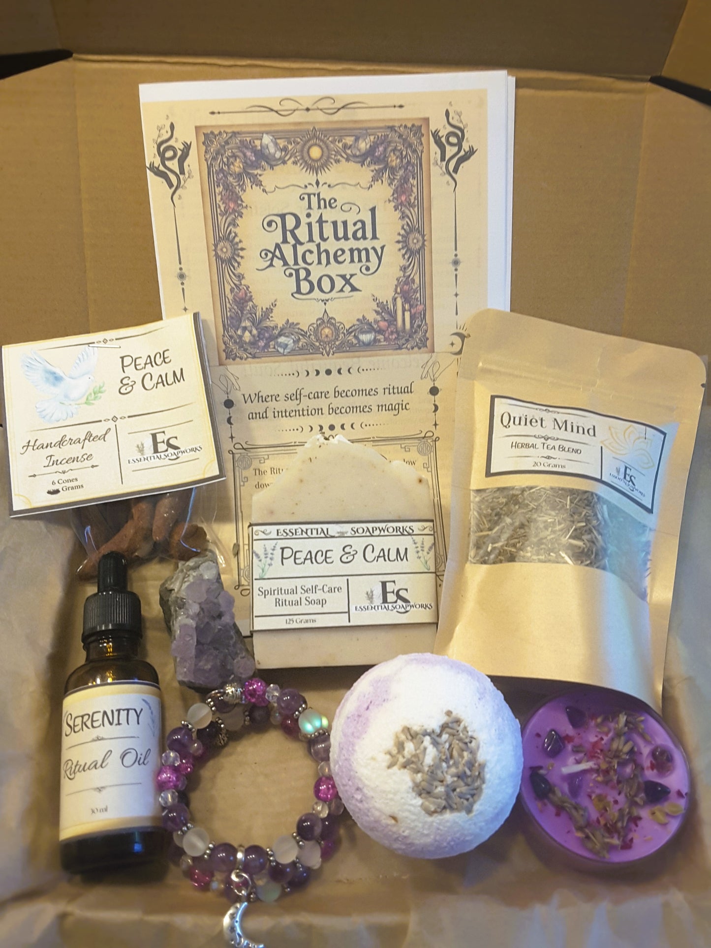Ritual Alchemy Box | Sacred Self-Care & Ritual Wellness Subscription including ritual guide, bath bomb, crystal, soap, ritual oil, loose leaf tea, incense, jewelry and candles