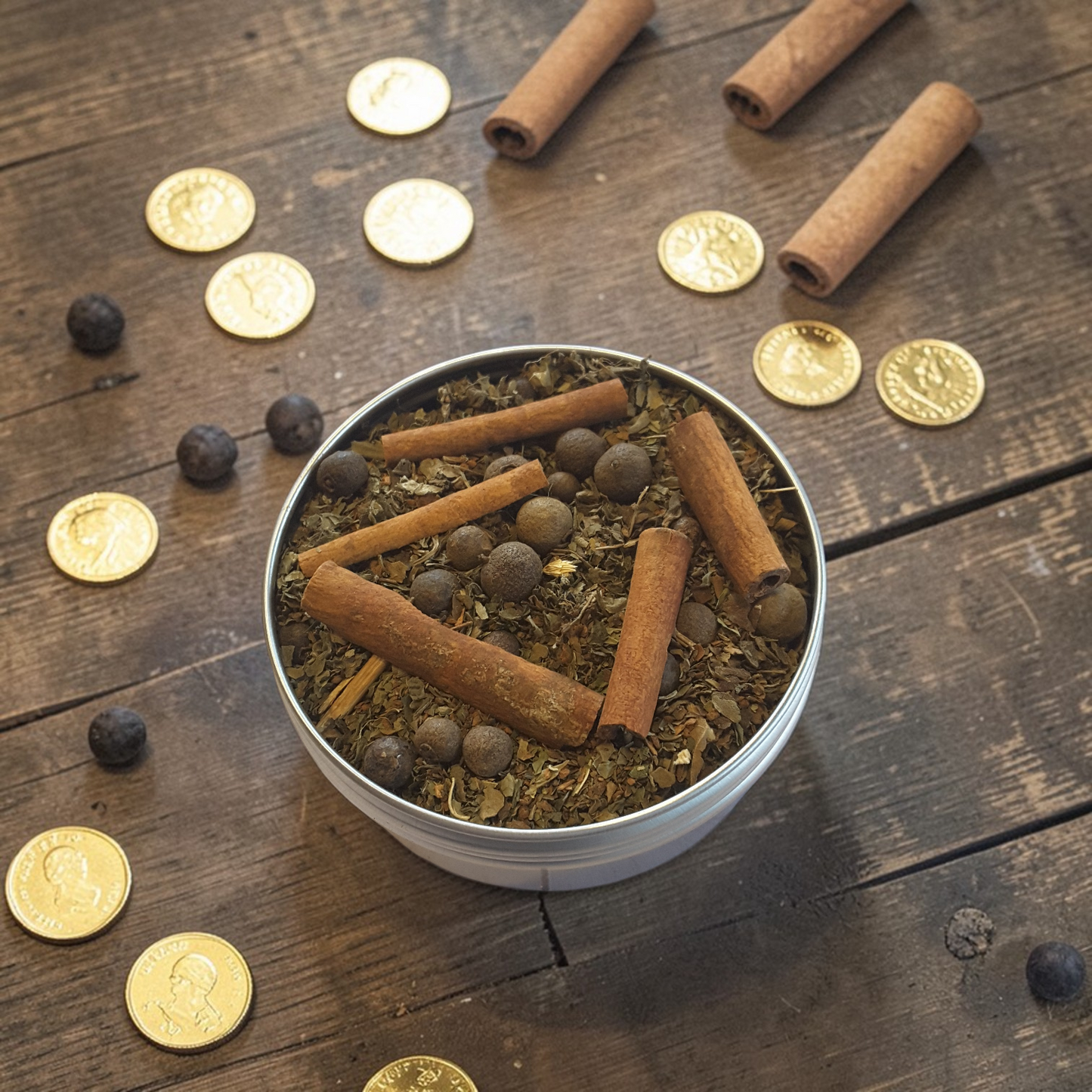Abundance loose incense on a wooden surface with gold coins, cinnamon sticks and allspice