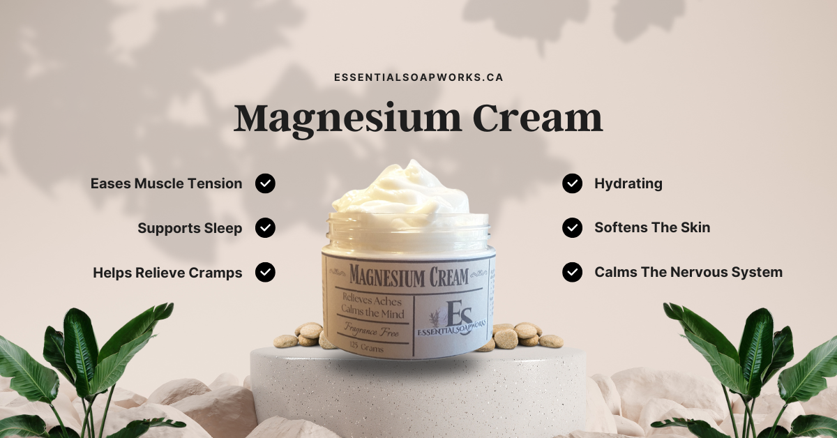 Magnesium cream jar with benefits listed on a neutral background