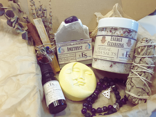 amethyst mind, body and spirit self care kit with vegan soap, sage stick, smoke cleansing bundle, bath salts, bath bomb, essential oil blend and amethyst crystal bracelets