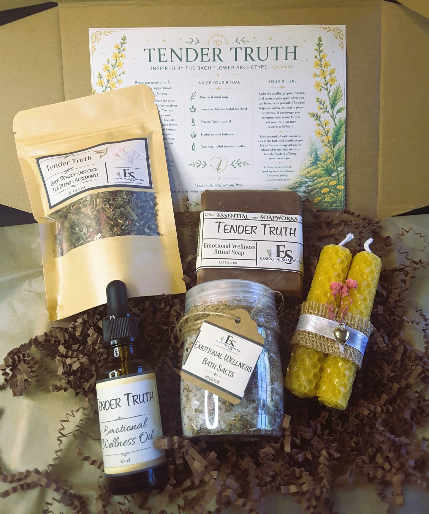 Tender Truth Emotional Balance Ritual Kit with soap, tea blend, essential oil, bath salts and candles in a box