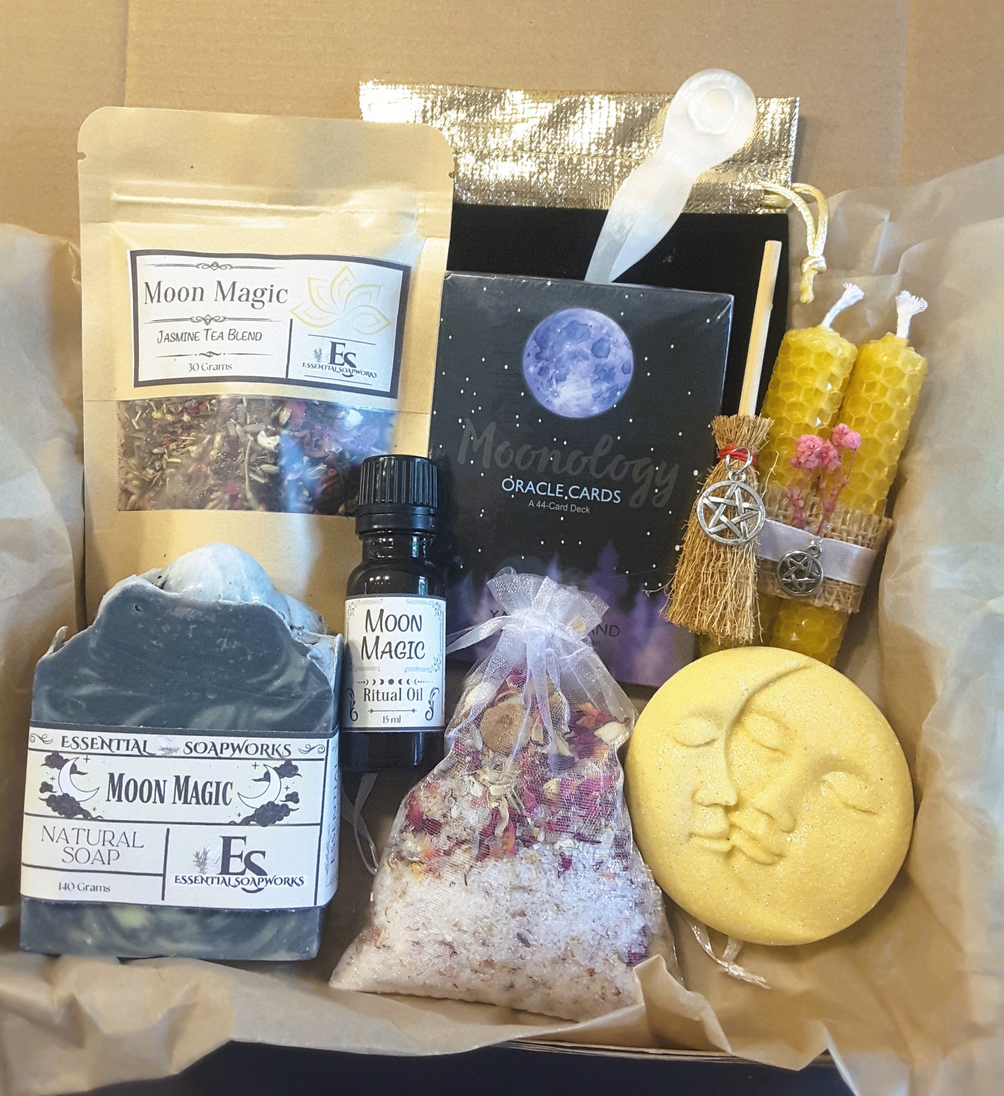 Moon Magic Ritual Kit including tea, soap, and candles in a box.