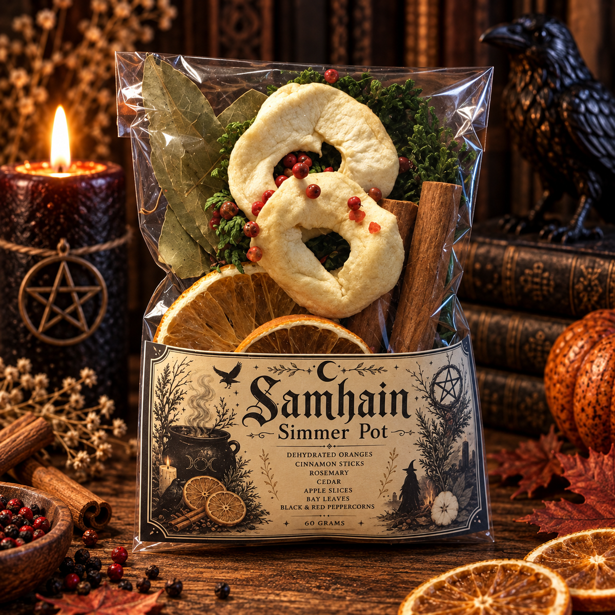 samhain simmer pot blend featuring cedar, rosemary, orange slices, apple slices and cinnamon sticks and bay leaves on a dark wooden surface