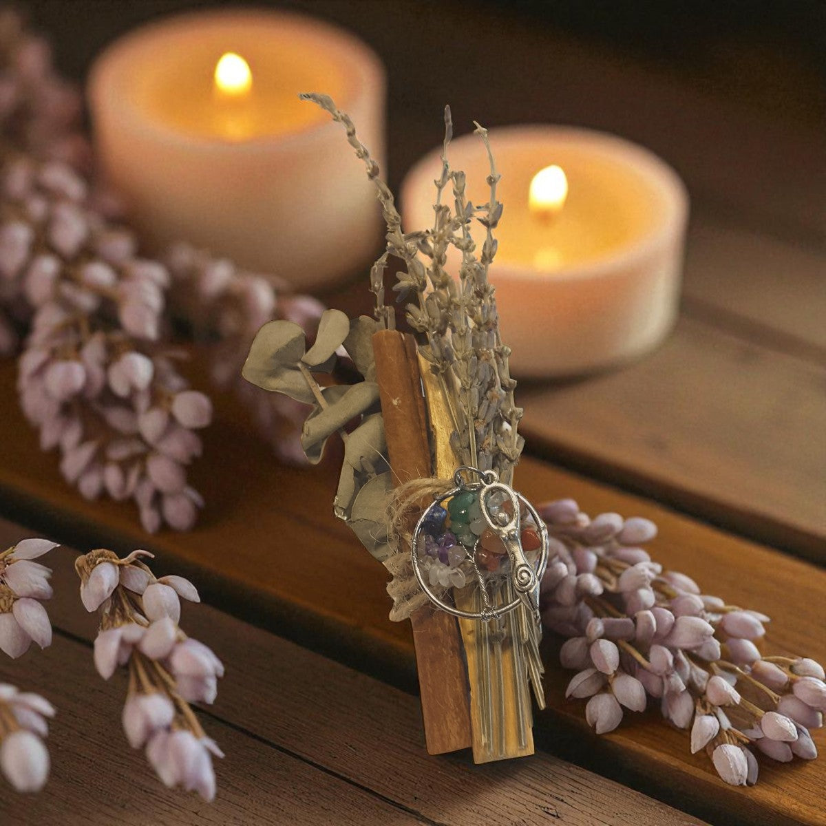 tiger eye crystal kit smoke cleansing bundle with palo santo, cinnamon stick, lavender and eucalyptus with crystal tree of life charm and triple goddess charm