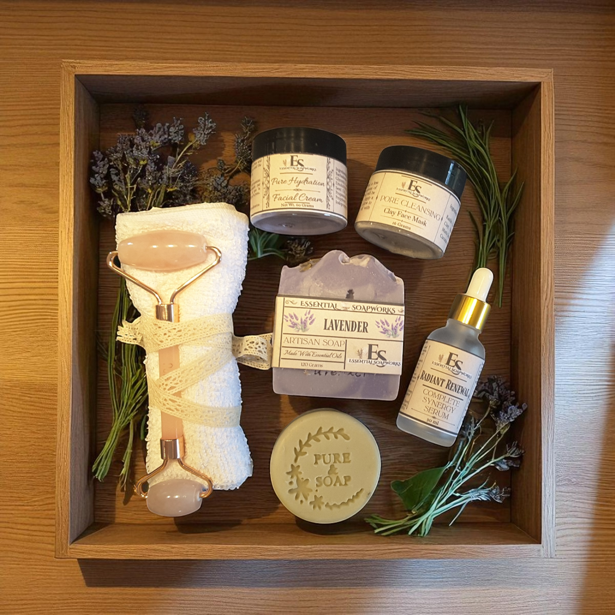 a group of skincare products on a wooden tray with lavender flowers