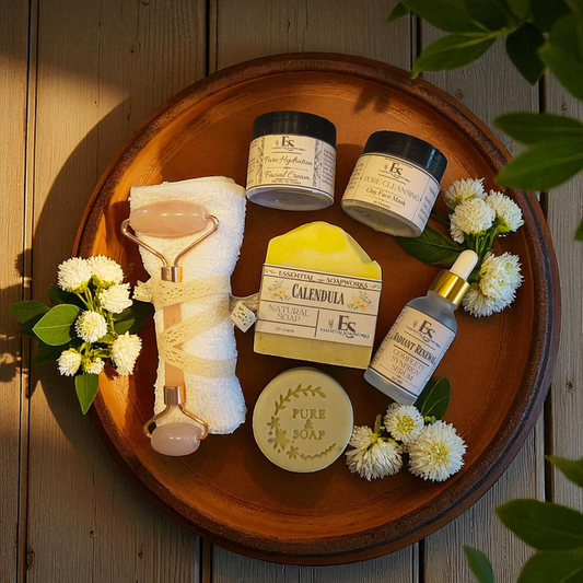 a group of facial care products on a wooden tray with white flowers and green leaves
