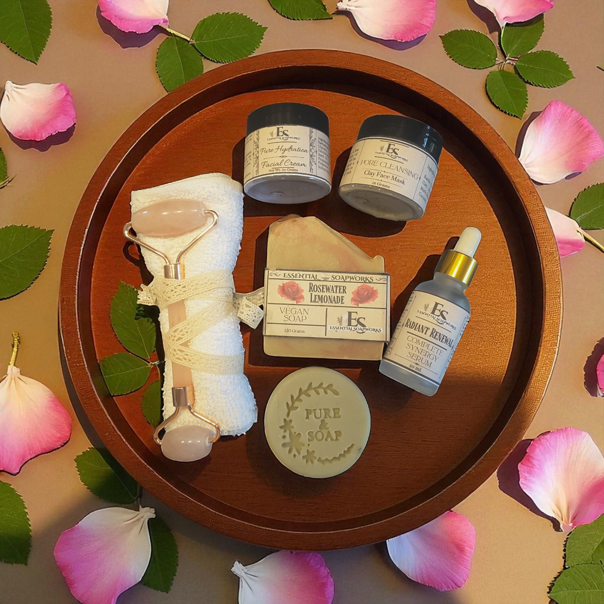 a group of skincare items on a wooden tray with rose petals
