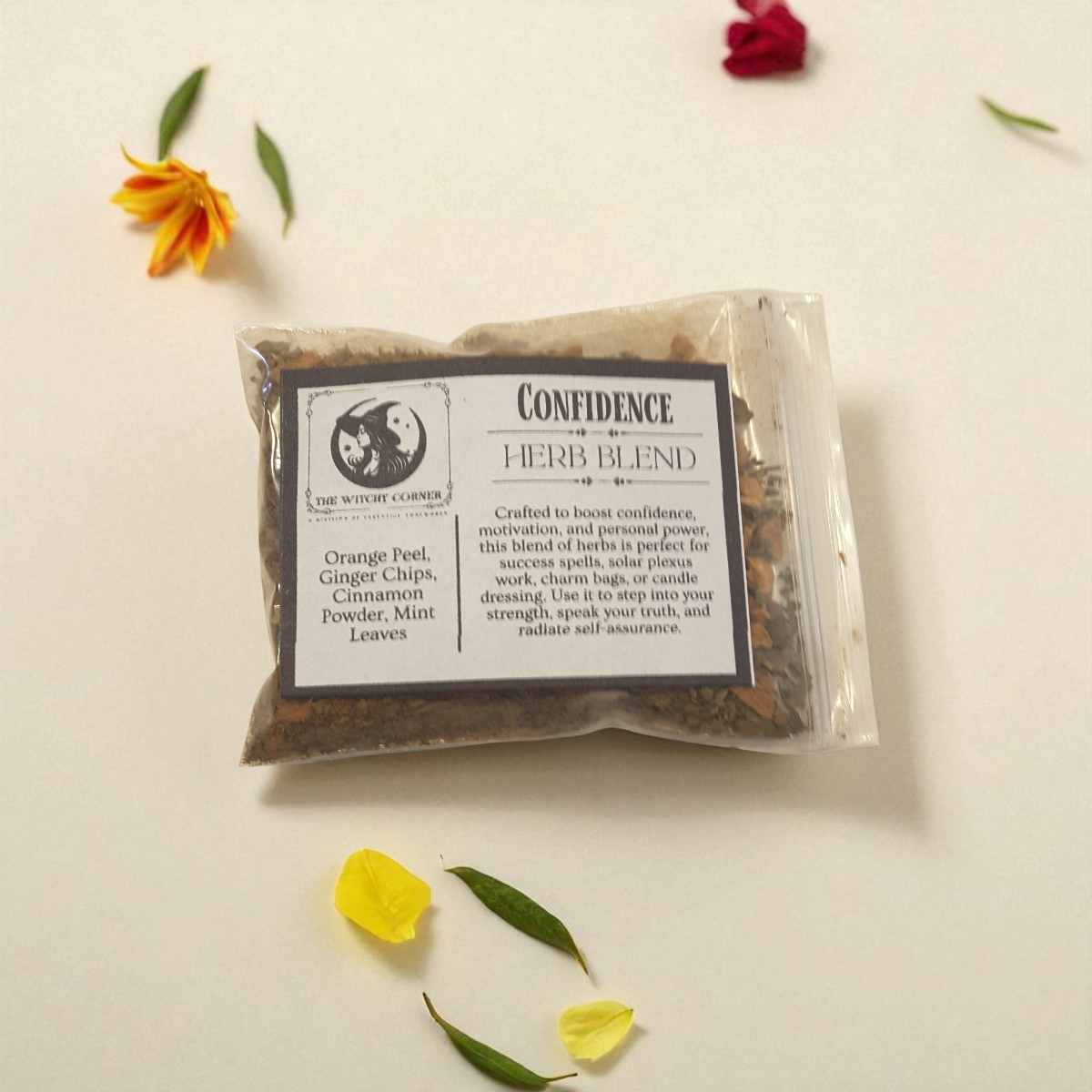 Packaged herb blend labeled 'Confidence' with flowers on a light background