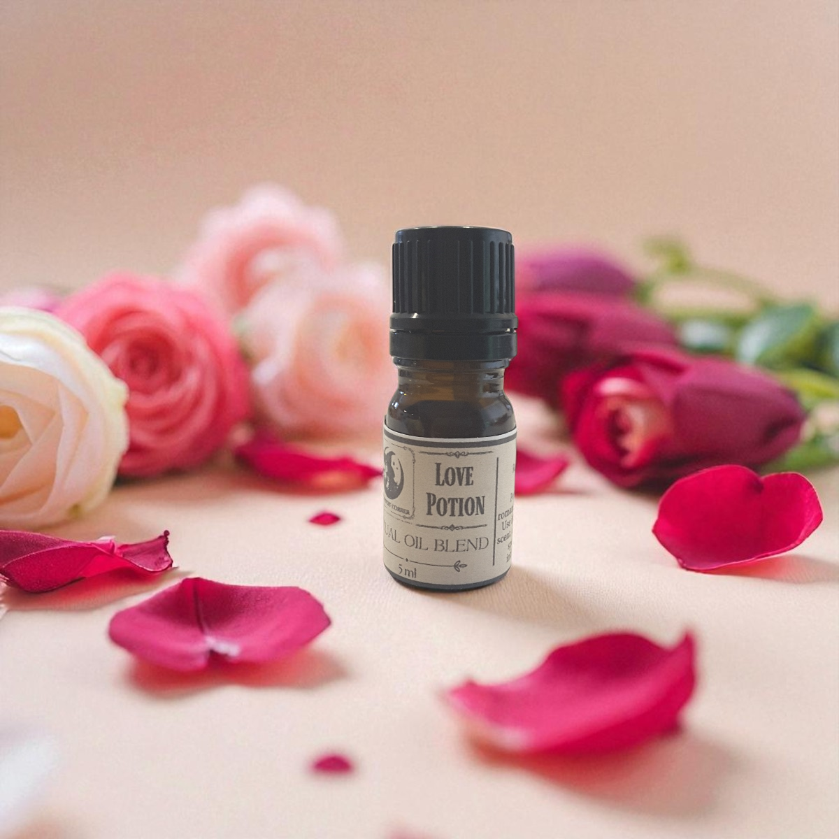 Love Potion ritual oil surrounded by pink and red roses and petals on a soft background
