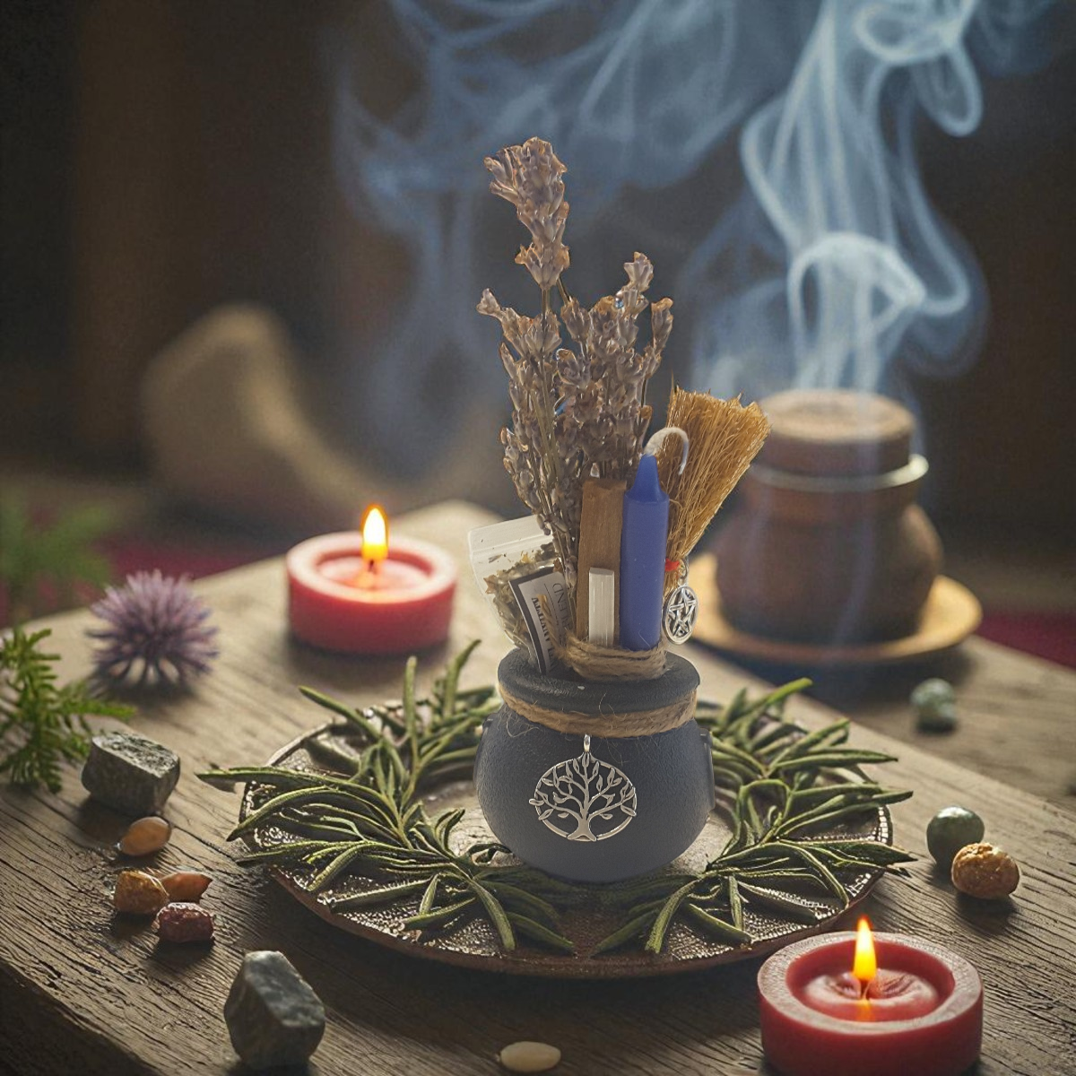 Anti-Anxiety Mini Cauldron Spell Kit on a wooden surface