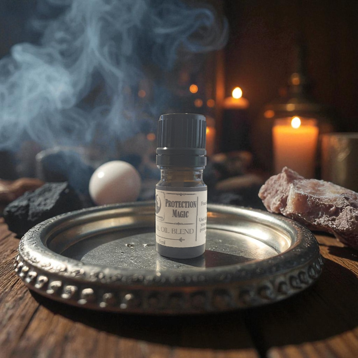 Protection Magic ritual oil on a dark surface with candles and rocks in the background