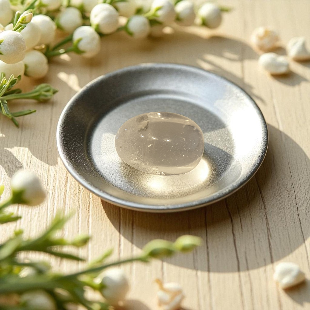 Clear quartz crystal on a dark plate with white flowers in the background