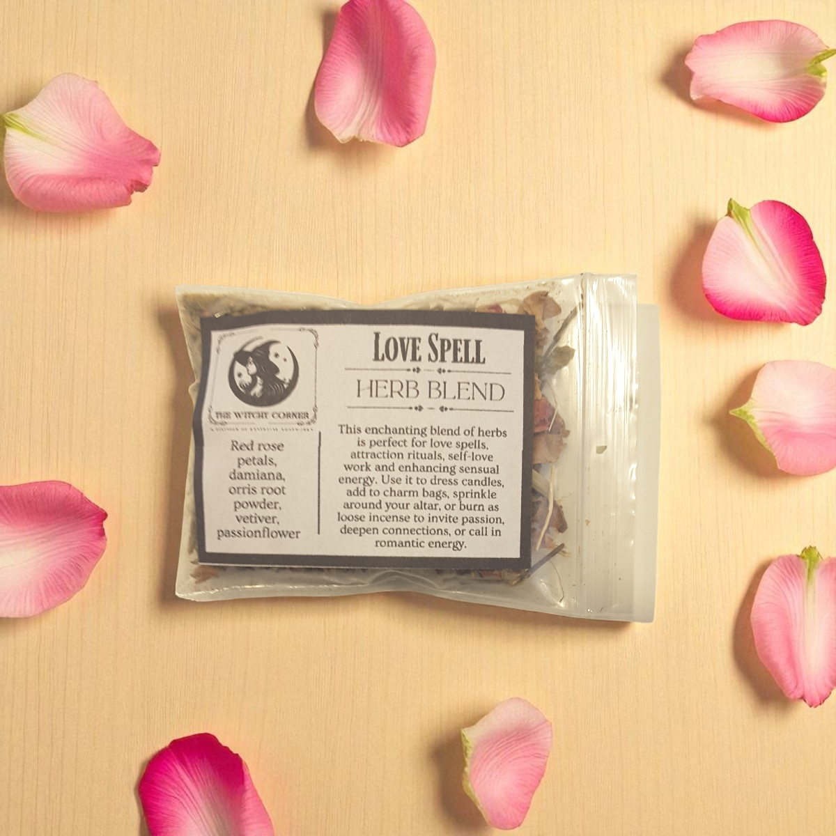 Love Spell herb blend packaging with pink rose petals on a beige background
