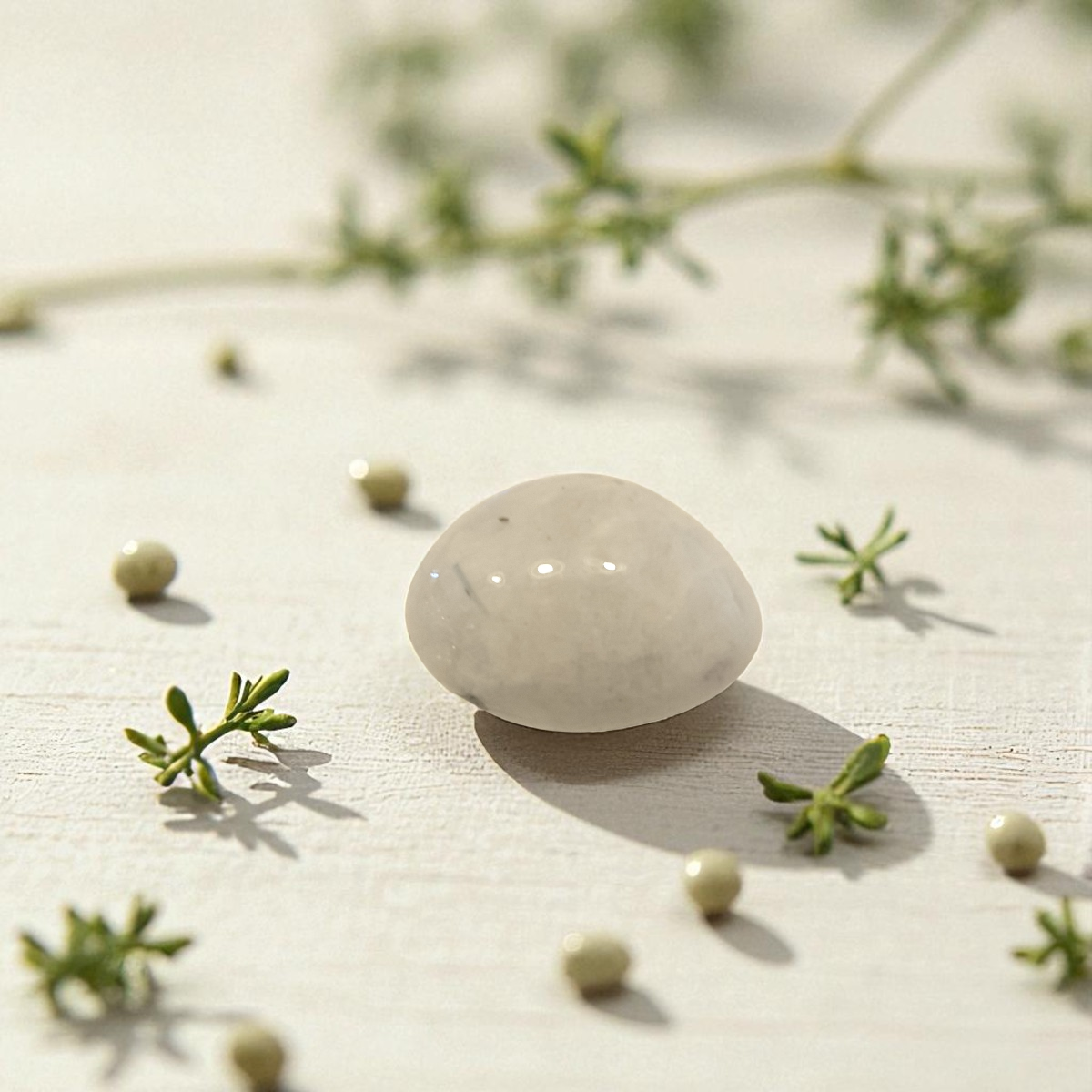 Moonstone surrounded by small plants on a light background