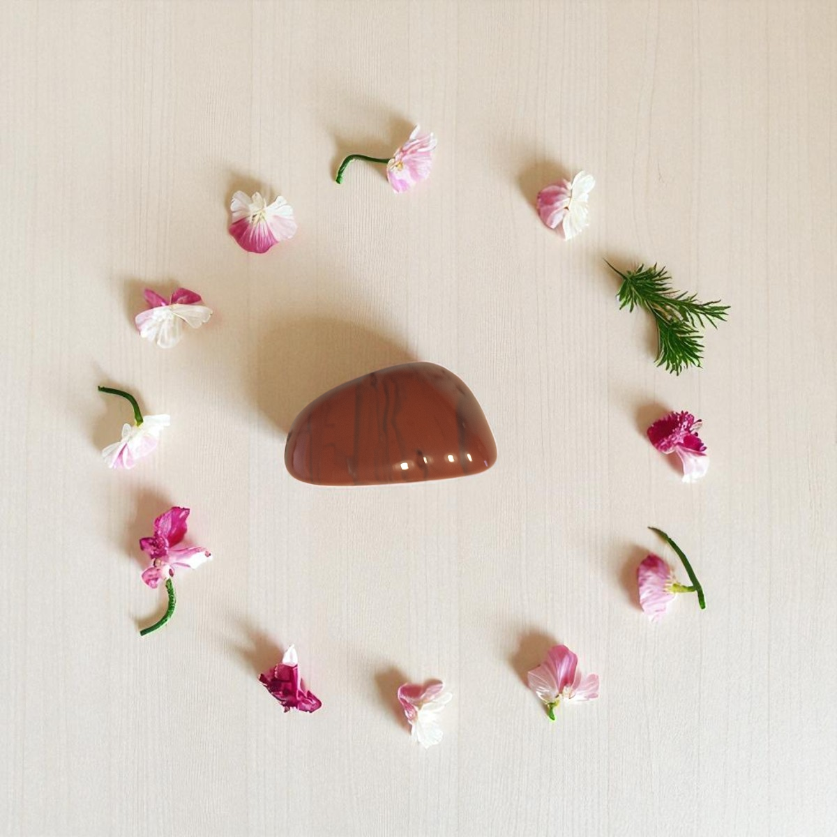 Red jasper crystal surrounded by flower petals