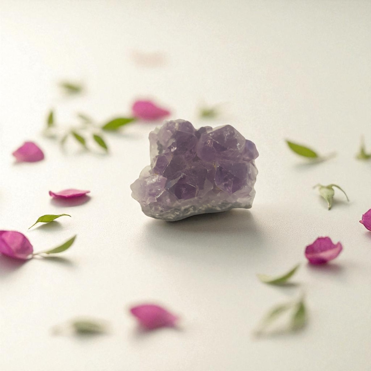 amethyst crystal on a light surface with pink petals and green leaves