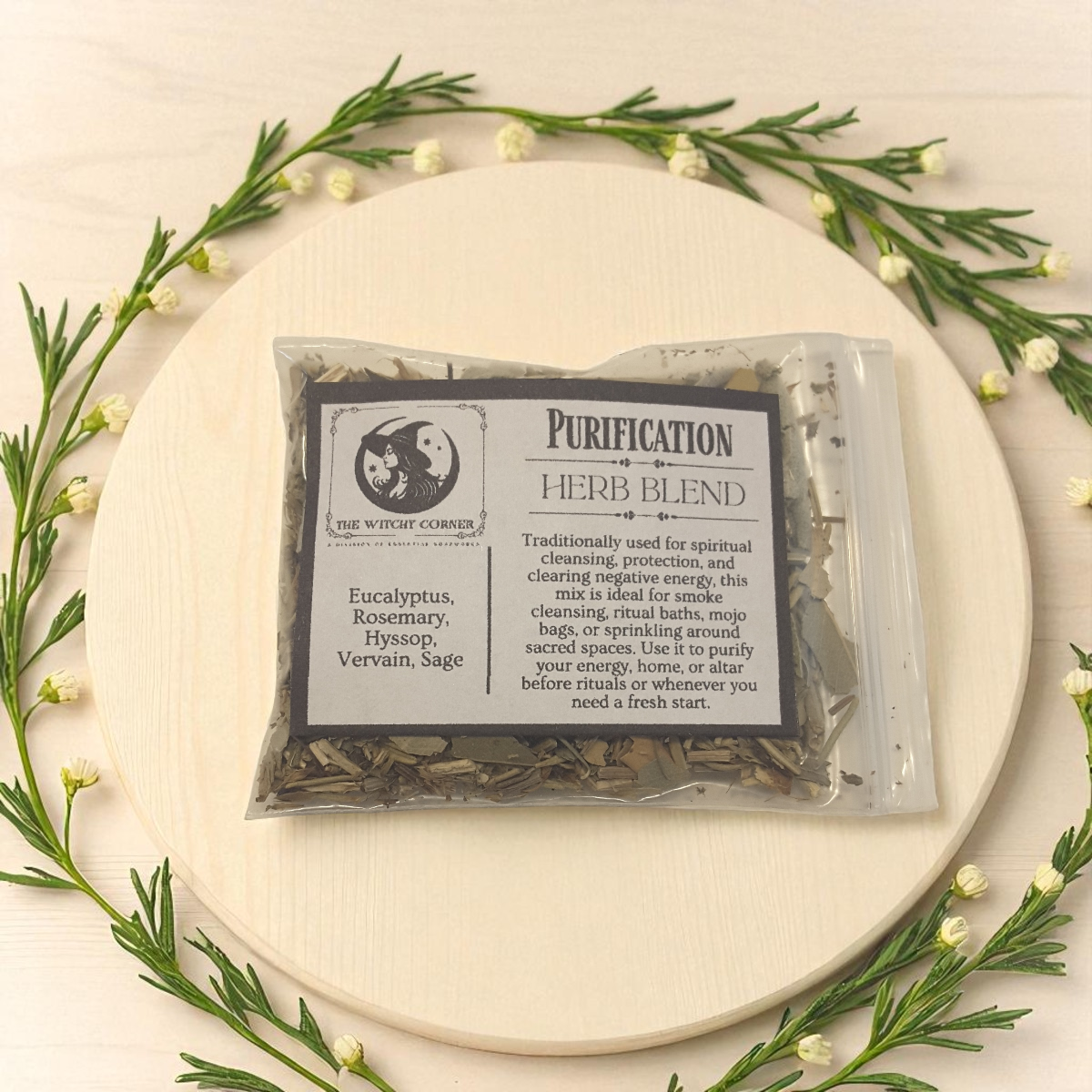 Purification herb blend surrounded by greenery on a light background