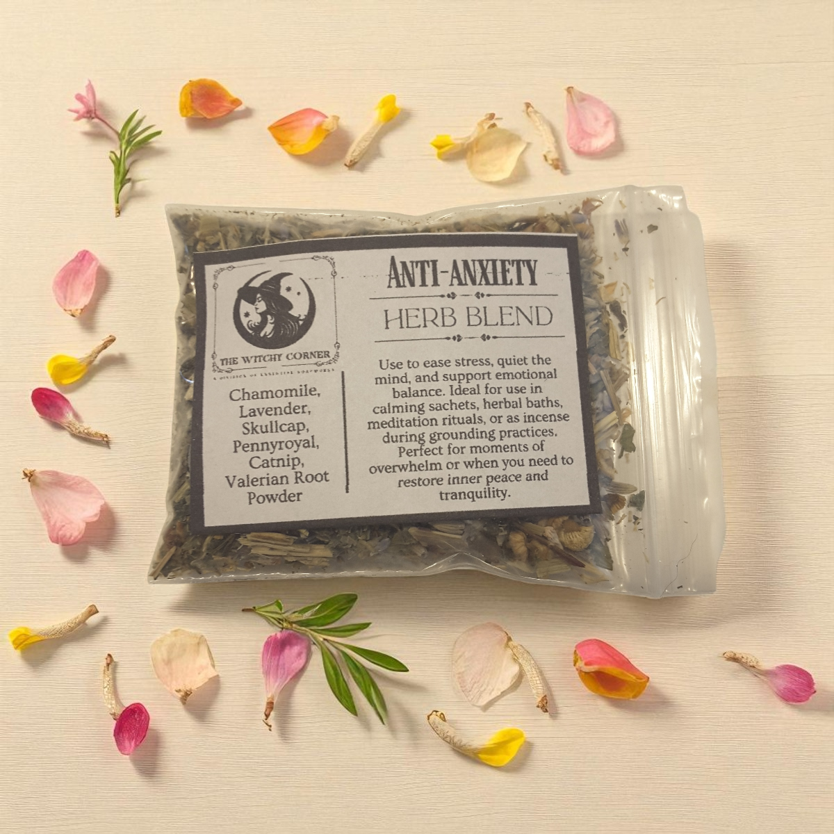 Anti-anxiety herb blend package with dried herbs and flowers on a light background