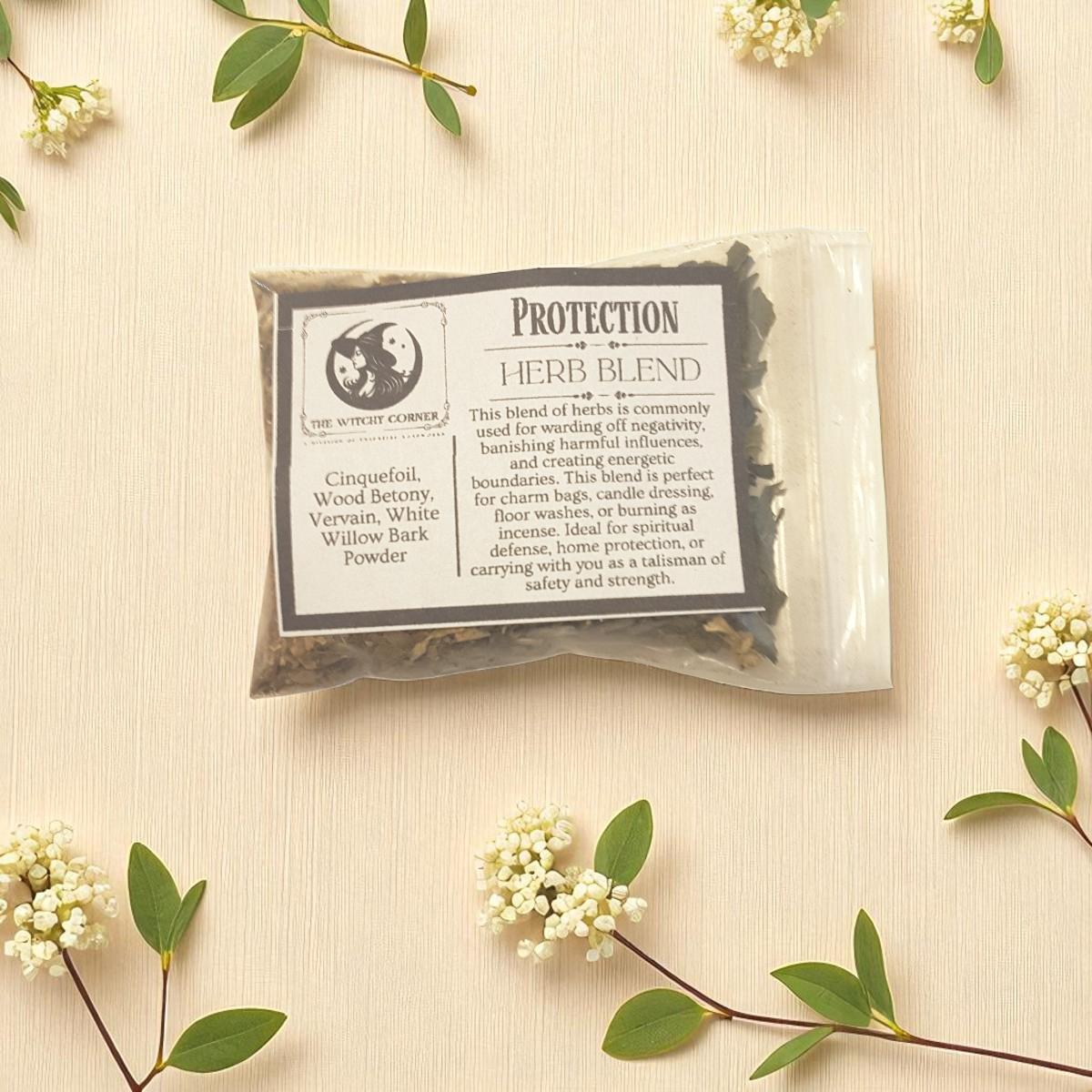 Protection Herb blend with floral and leaf decorations on a beige background