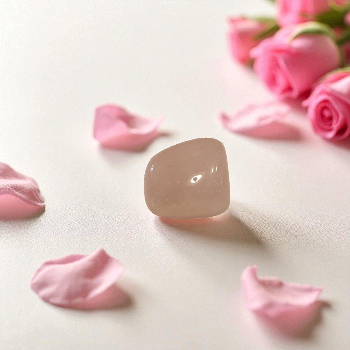 Pink rose petals and a rose quartz crystal on a light background