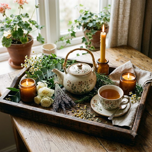 ritual wellness products including herbal tea, candles, crystals, artisan soap and herbs on a wooden tray by a bright window