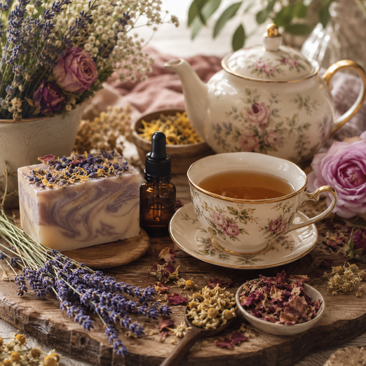 emotional wellness collection from essential soapworks featuring herbal tea blends, botanical soaps and emotional wellness ritual oils