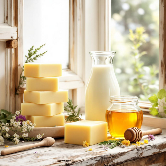 stacks of goat milk soap on a wooden counter with a jug of milk and jar of honey by a bright window