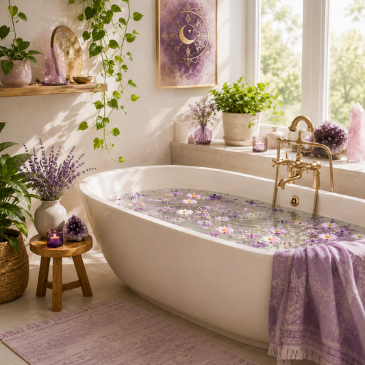 A calming bath scene featuring a bathtub, plants and candles