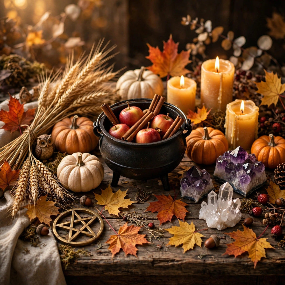 Mabon scene with a cauldron with apples and cinnamon on a wooden surface with candles, small pumpkins and crystals