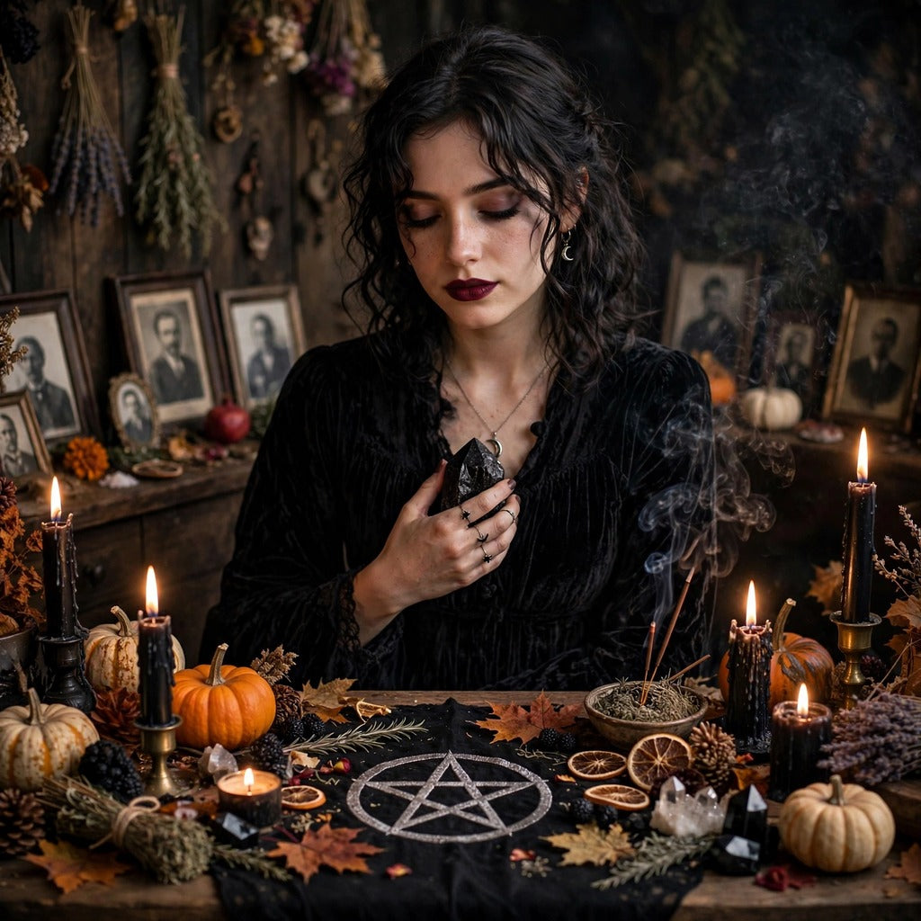 image for samhain self-care blog featuring a woman holding an obsidian crystal near her chest by an altar with black candles, pentacles and pumpkins with photos of ancestors in the background