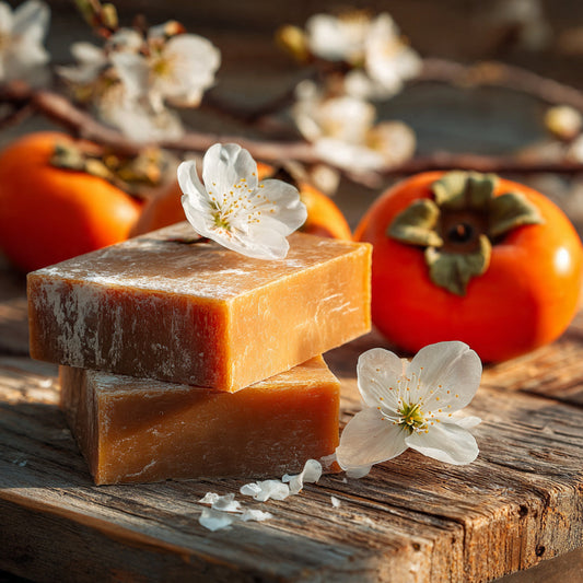persimmon soap on a wooden surface with persimmon fruit and white flowers