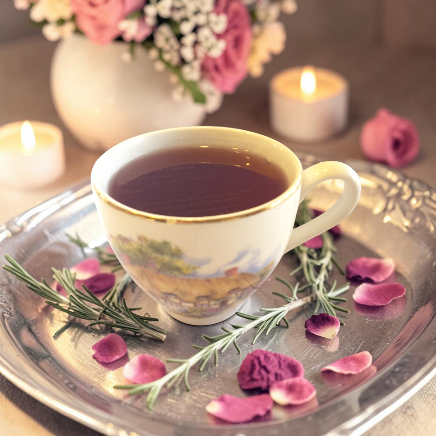 Love spell tea on a silver tray with flowers and candles in the background