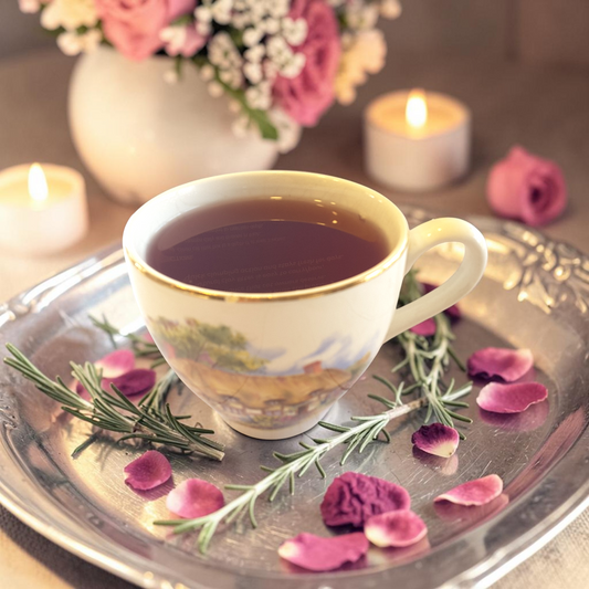 Love spell tea on a silver tray with flowers and candles in the background