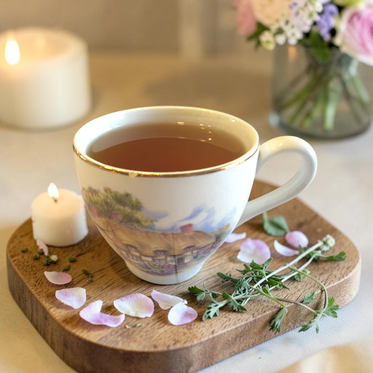 intuition tea on a wooden tray with flower petals and candles