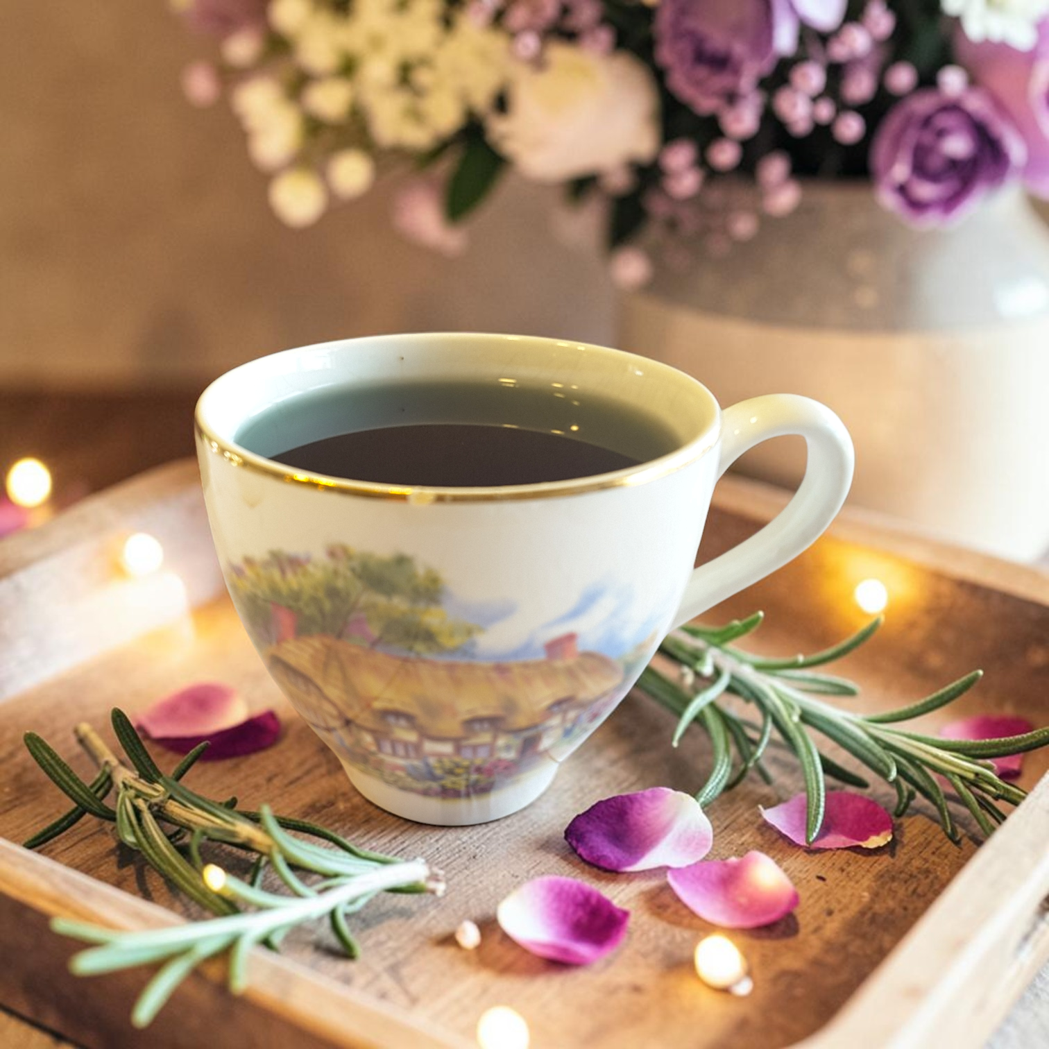 third eye tea on a wooden tray with rosemary and petals, blurred flowers in the background