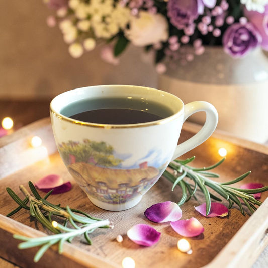 third eye tea on a wooden tray with rosemary and petals, blurred flowers in the background