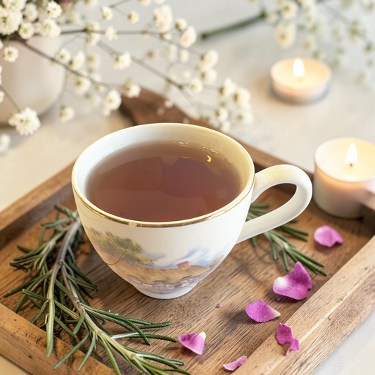 Moon Magic tea on a wooden tray with rosemary and petals, candles in the background.