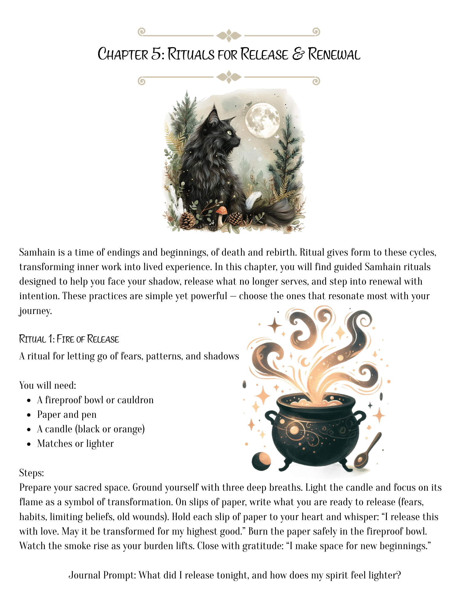 Page from a guide titled 'Rituals for Release & Renewal' with a black cat and moon illustration.