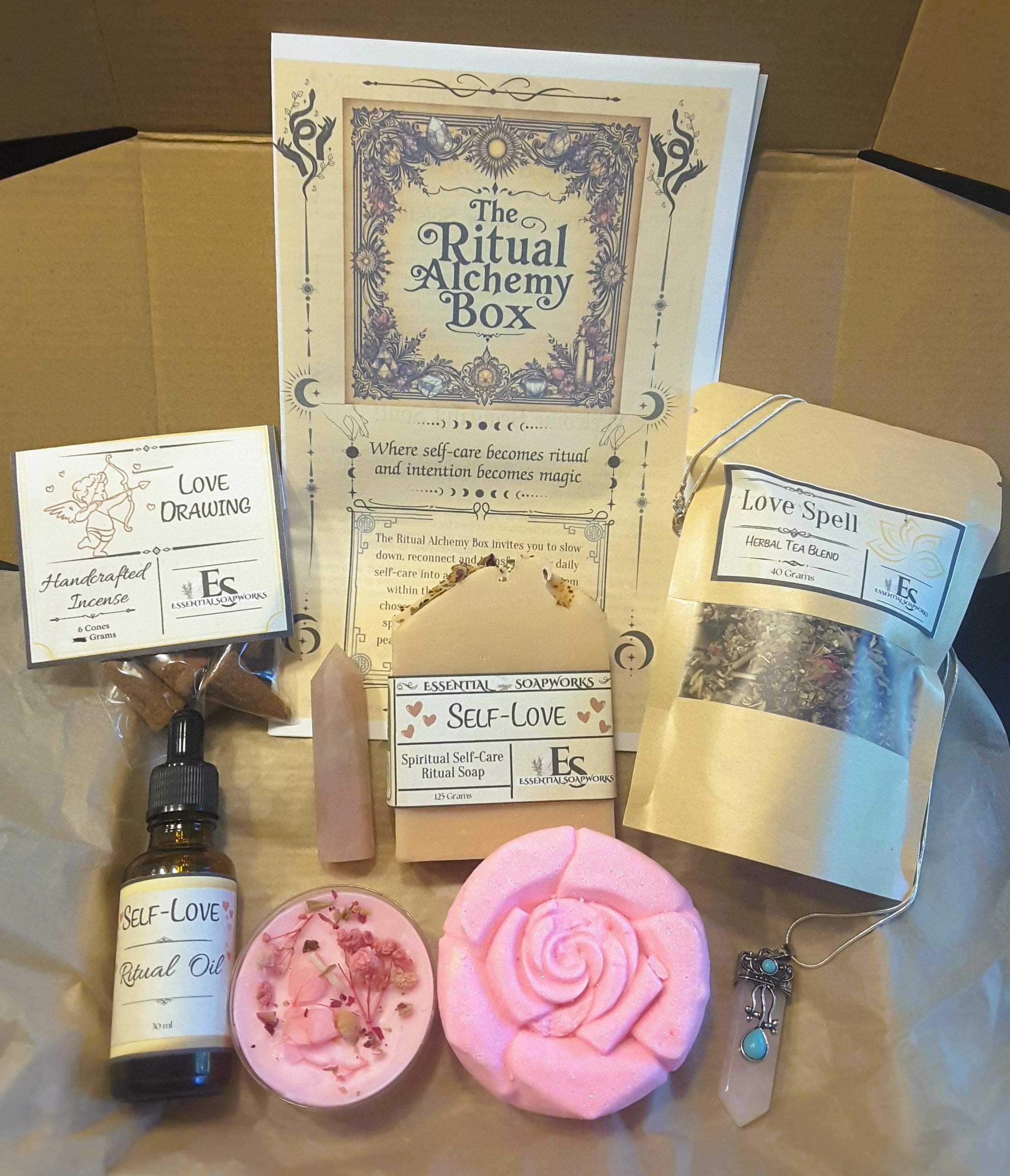Ritual Alchemy Box | Sacred Self-Care & Ritual Wellness Subscription including ritual guide, bath bomb, crystal, soap, ritual oil, loose leaf tea, incense, jewelry and candles