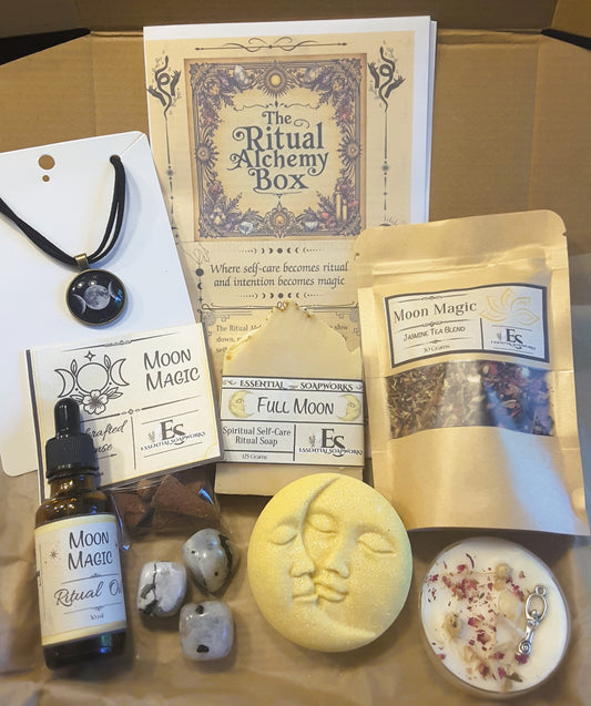 Ritual Alchemy Box | Sacred Self-Care & Ritual Wellness Subscription including ritual guide, bath bomb, crystal, soap, ritual oil, loose leaf tea, incense, jewelry and candles