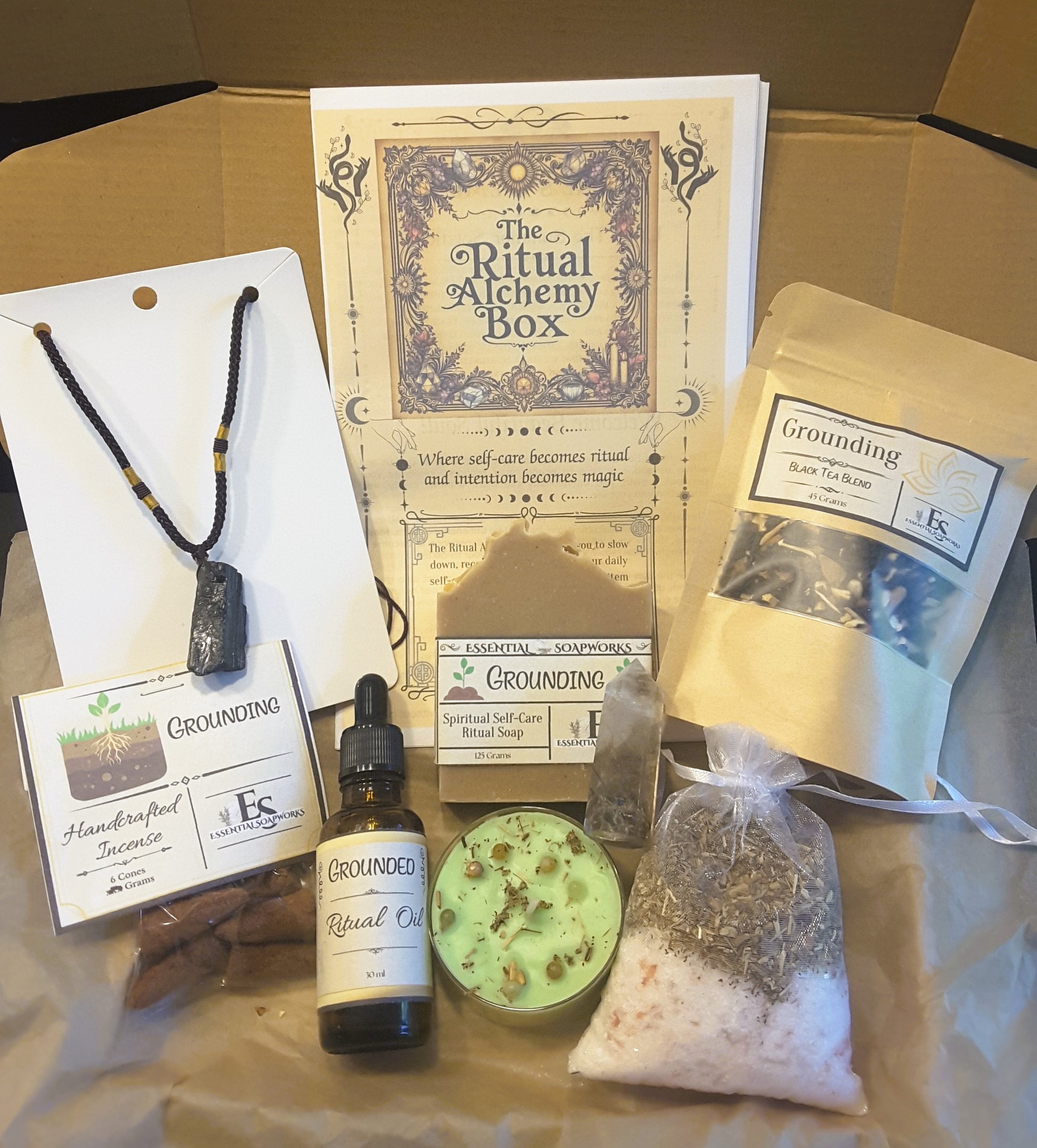Ritual Alchemy Box | Sacred Self-Care & Ritual Wellness Subscription including ritual guide, bath bomb, crystal, soap, ritual oil, loose leaf tea, incense, jewelry and candles