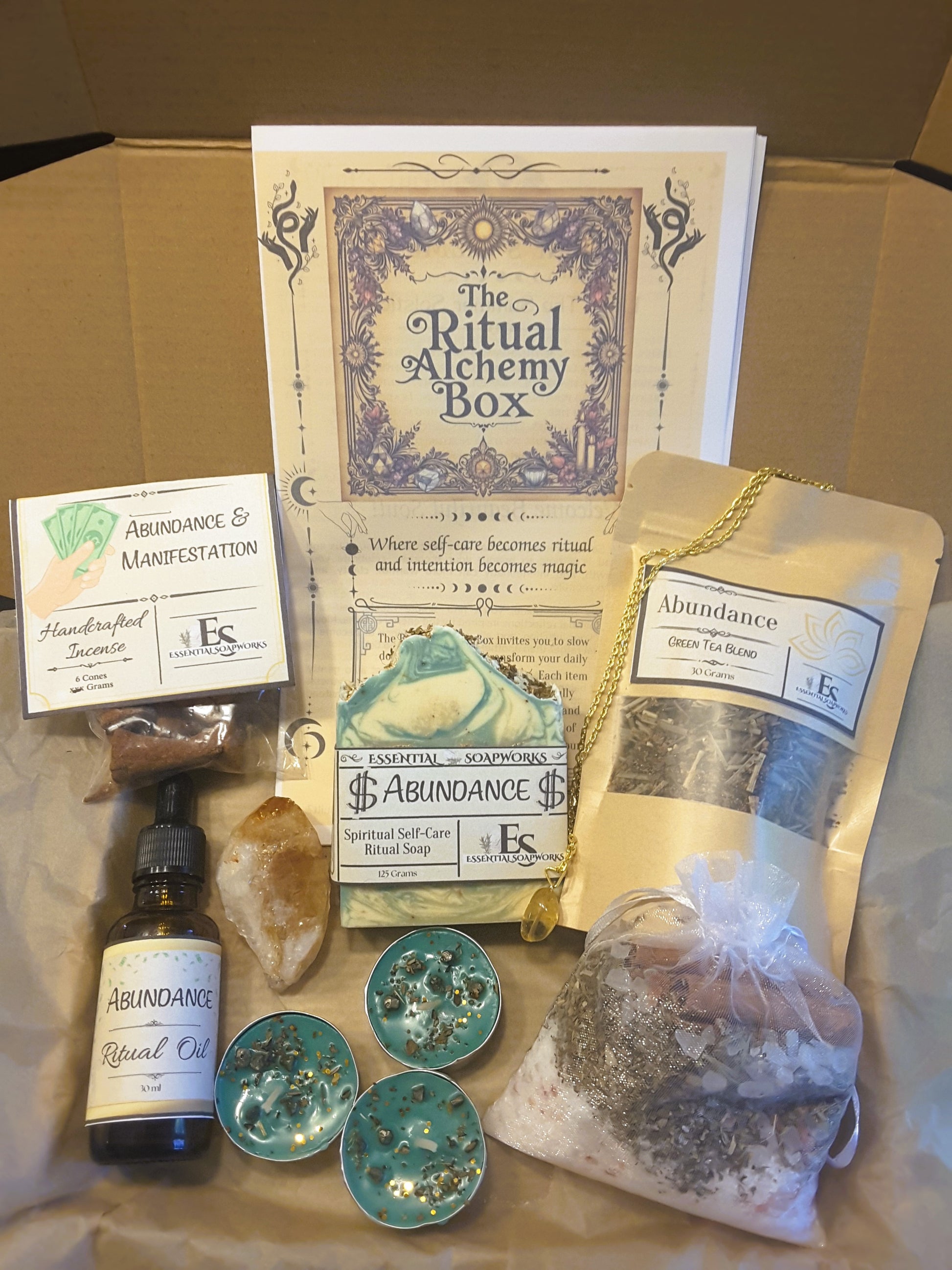 Ritual Alchemy Box | Sacred Self-Care & Ritual Wellness Subscription including ritual guide, bath bomb, crystal, soap, ritual oil, loose leaf tea, incense, jewelry and candles
