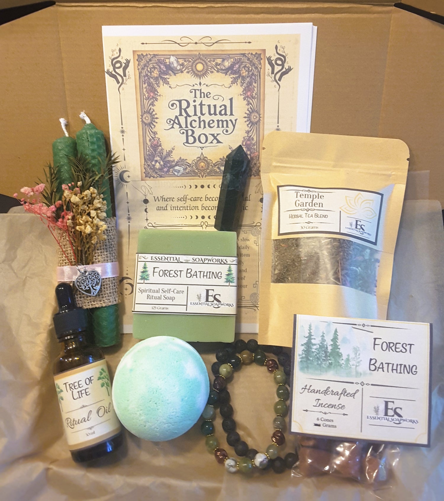 Ritual Alchemy Box | Sacred Self-Care & Ritual Wellness Subscription including ritual guide, bath bomb, crystal, soap, ritual oil, loose leaf tea, incense, jewelry and candles