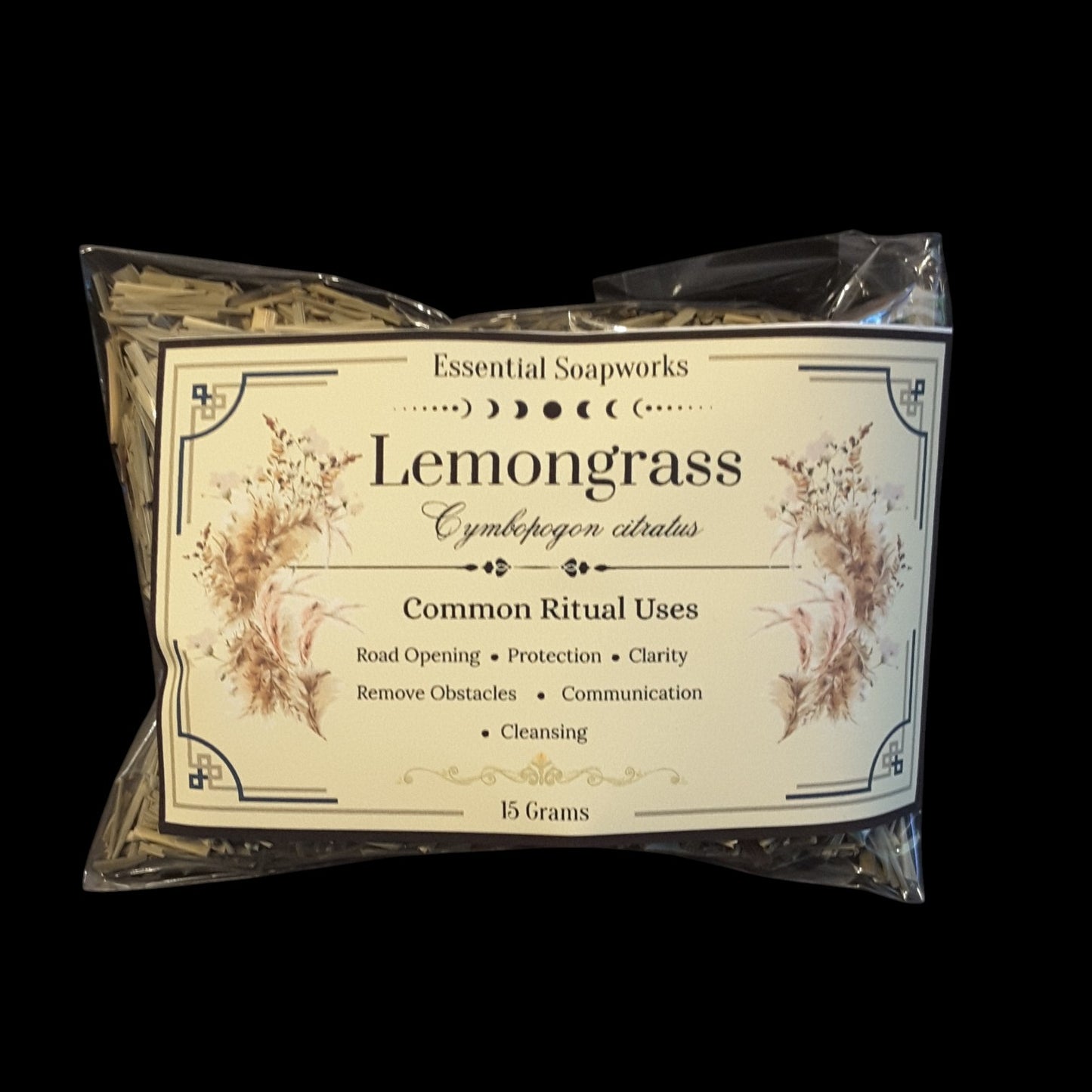 A 15g package of Lemongrass in a clear plastic bag with a cream-colored label, set against a solid black background.