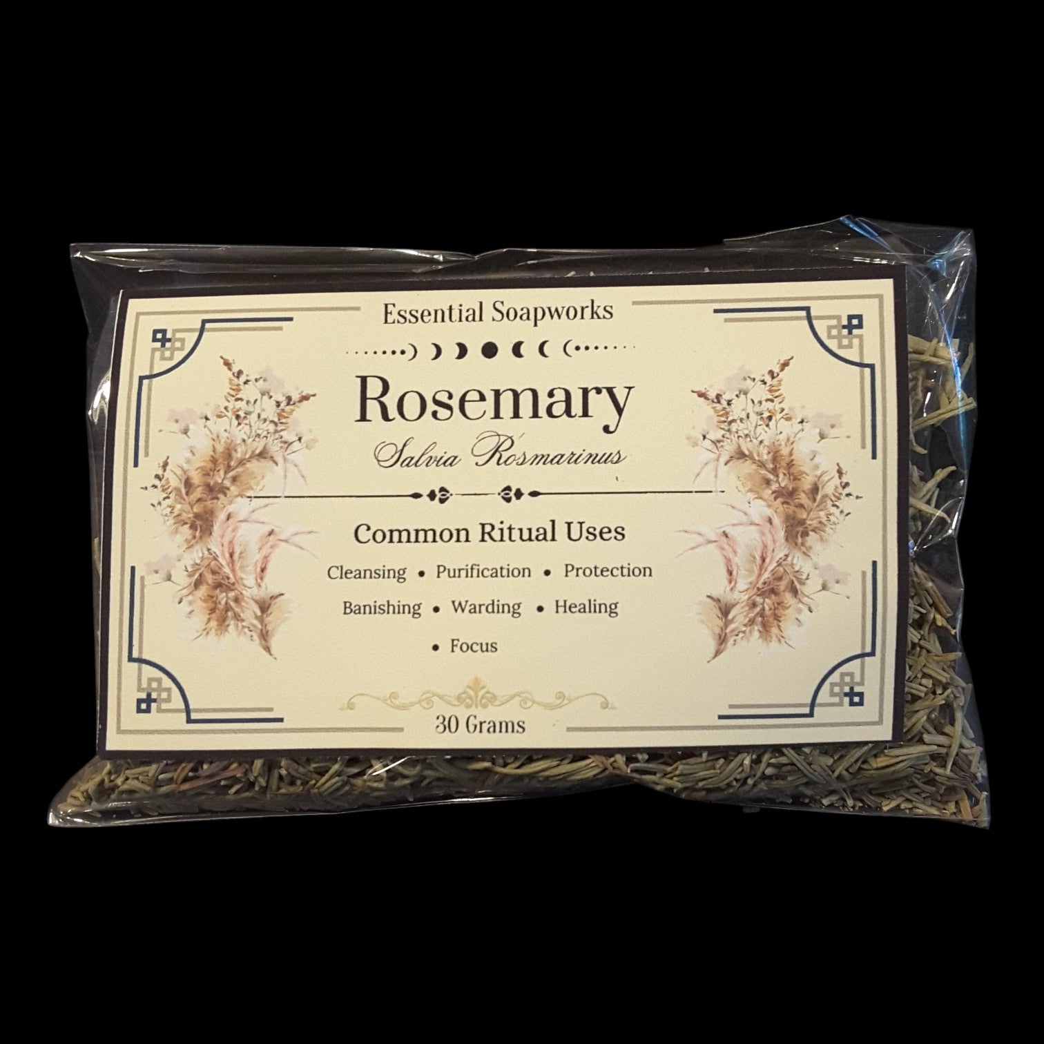 A package of Rosemary containing 30 grams. The rosemary is visible through a clear plastic bag with a decorative cream-colored label featuring botanical illustrations, set against a solid black background.