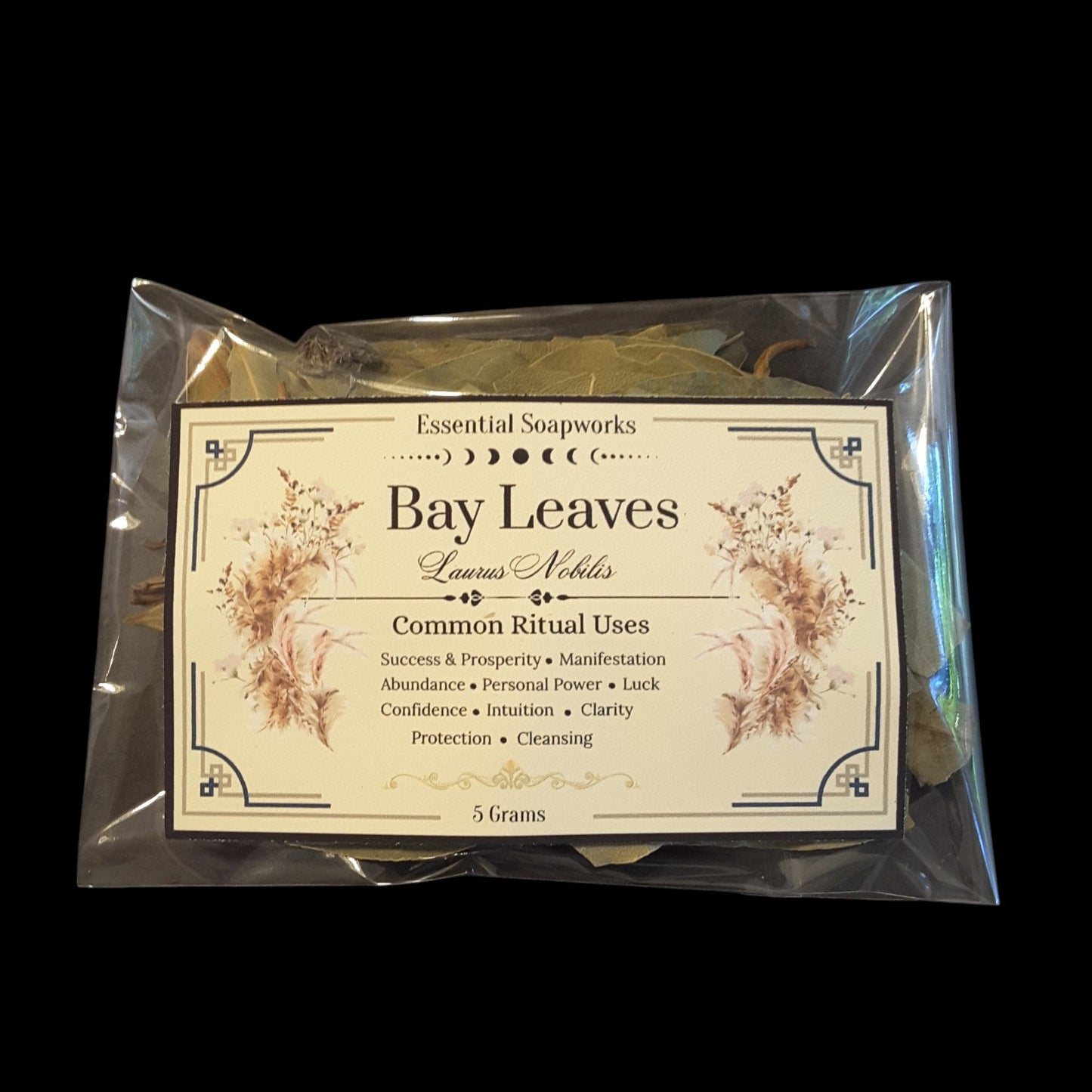 A 5-gram pouch of Bay Leaves packaged in a clear plastic bag against a solid black background.