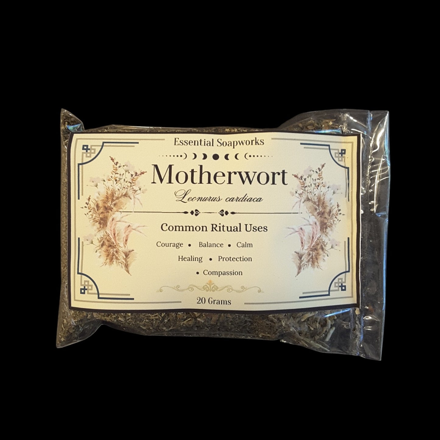 A 20g package of Essential Soapworks Motherwort dried botanicals in a clear plastic bag with a decorative cream label, set against a solid black background.