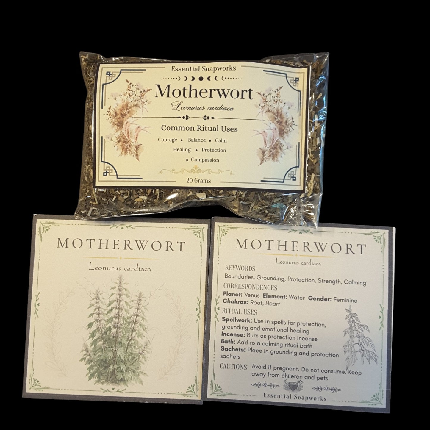 Three product components for Motherwort arranged on a solid black background: a sealed bag of dried herb, a printed card with botanical illustrations, and a printed card with usage instructions.