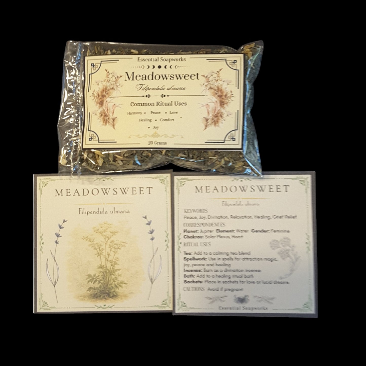 Meadowsweet set featuring a clear bag of dried meadowsweet, and two printed cards with illustrations and text on a black background.
