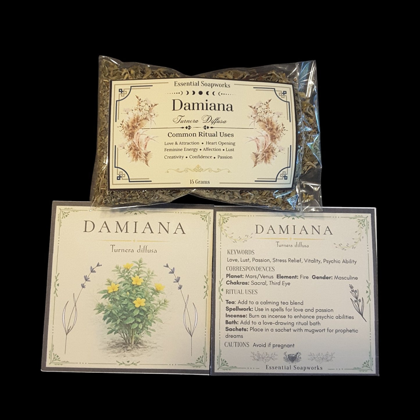 A packaged herbal product set labeled Damiana, shown on a black background. The set includes a clear plastic bag of damiana at the top and two square printed cards below, one illustrated and one informational, both featuring the brand name Damiana and botanical text.